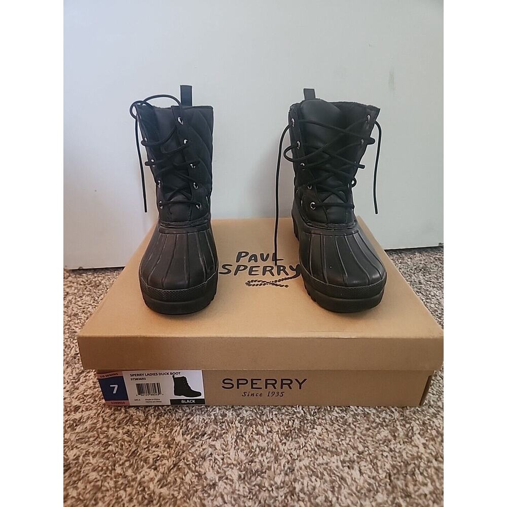 Sperry Duck Boots Waterproof Snow Top Women Sz 7 Quilted Black Gosling Rain